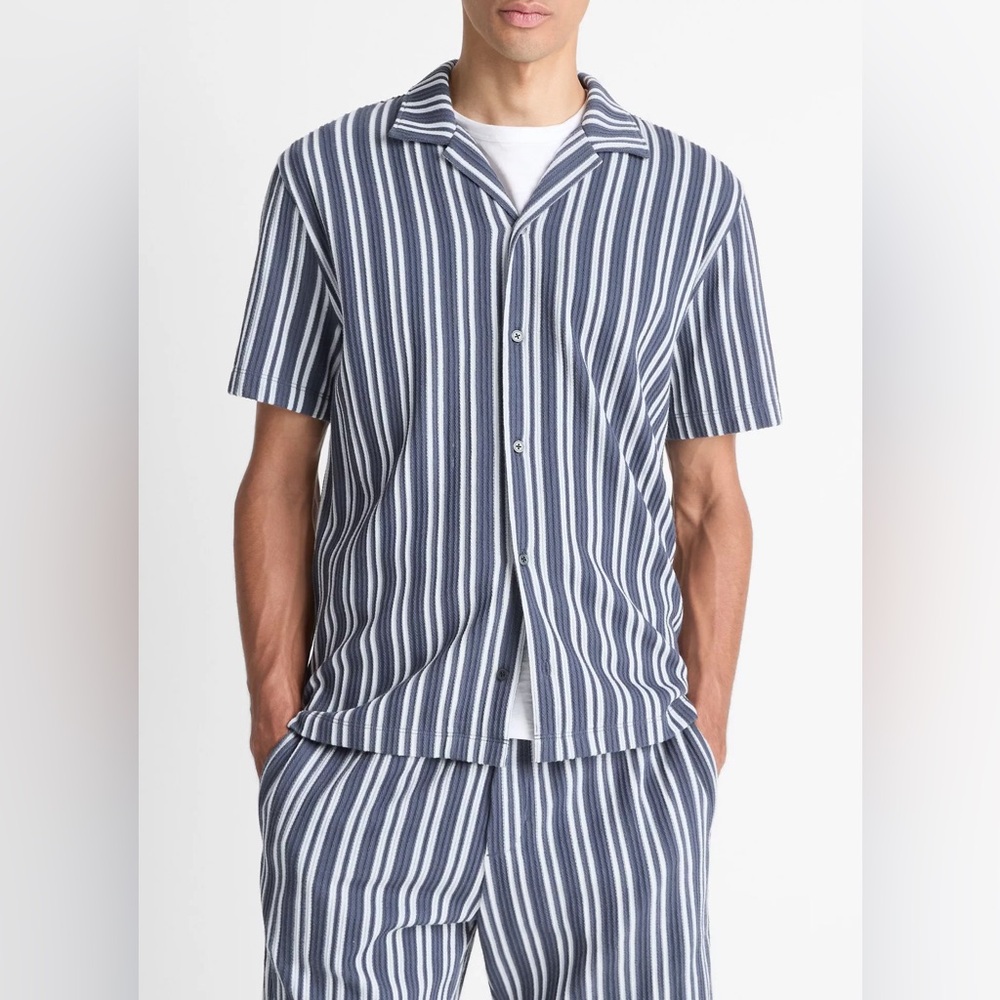 BNWT Men’s Vince Jacquard Stripe Camp Shirt and Short Set Size M Blue/White